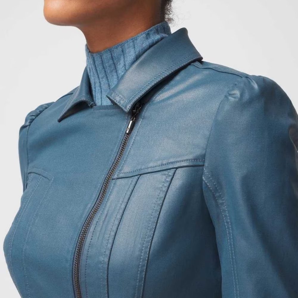 WHBM $200 Coated Denim Peplum Jacket Blue True Indigo - Picture 10 of 10